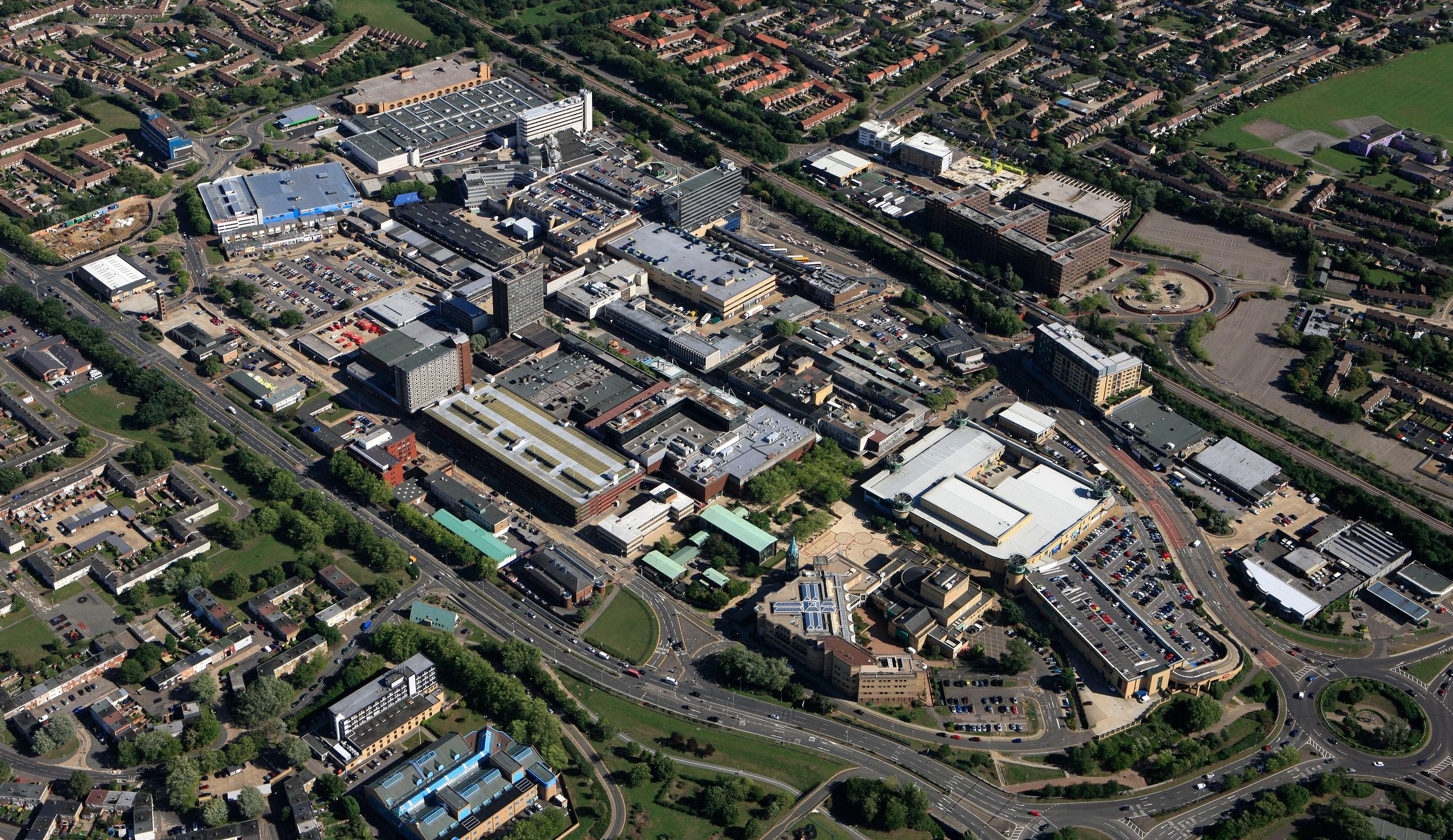 Aerial photograph of an Essex town centre showing the scale of residential and commercial development across the region
