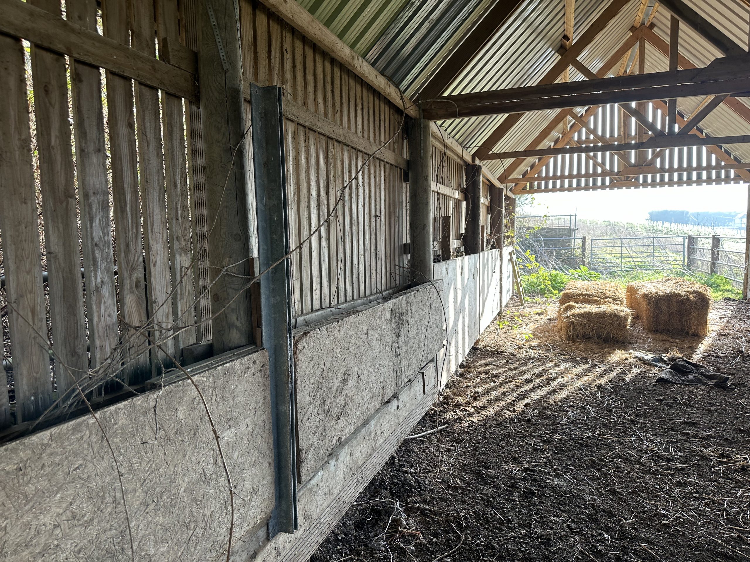 Andrews Farm barn interior: side wall detail showing the full length of the barn and open countryside at the far end