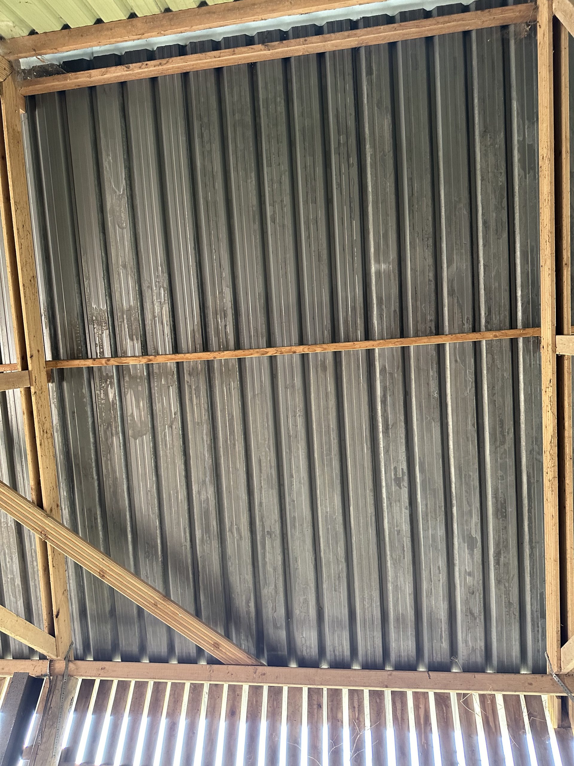 Andrews Farm barn interior: abstract close-up of the corrugated metal roof panels and timber framing