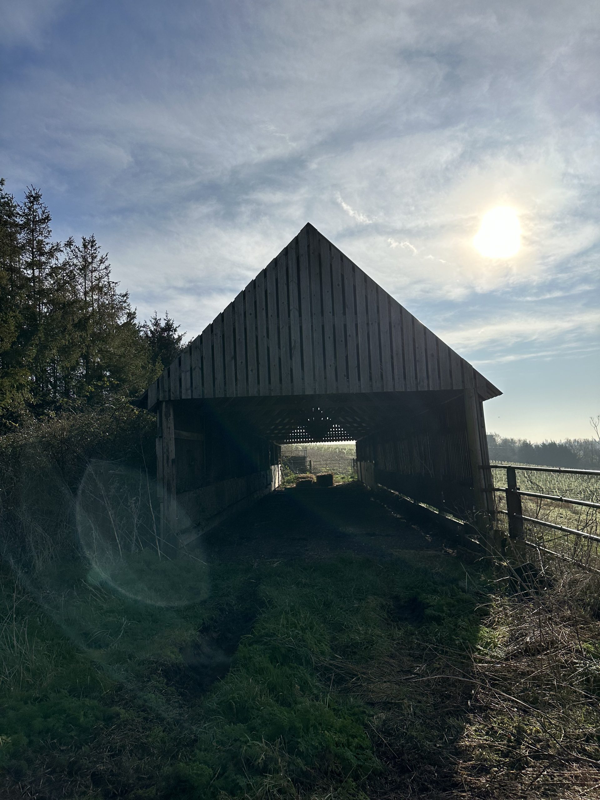 Andrews Farm barn, Althorne: backlit gable end against the sky, showing the open barn structure and rural Essex setting