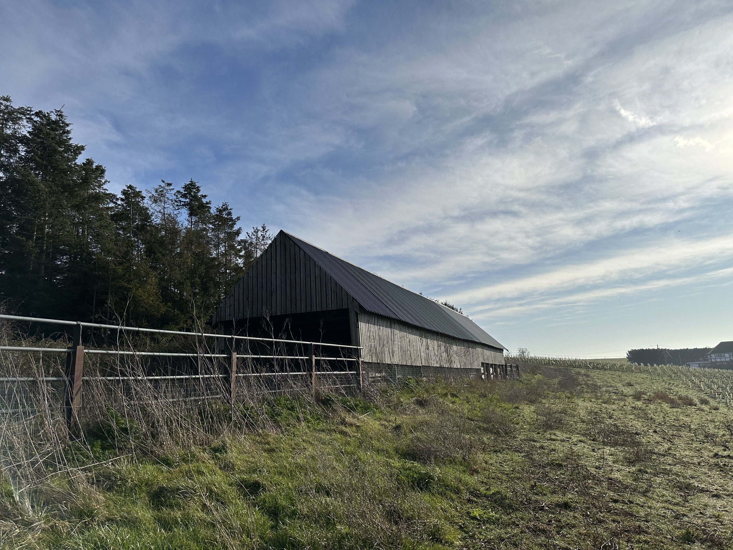 Andrews Farm barn: side elevation viewed across the field, dark timber cladding and corrugated metal roof