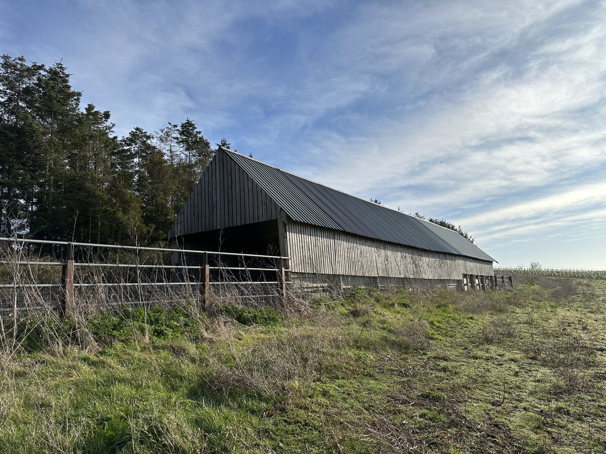 Andrews Farm barn: side elevation from slightly wider angle showing full length of the barn