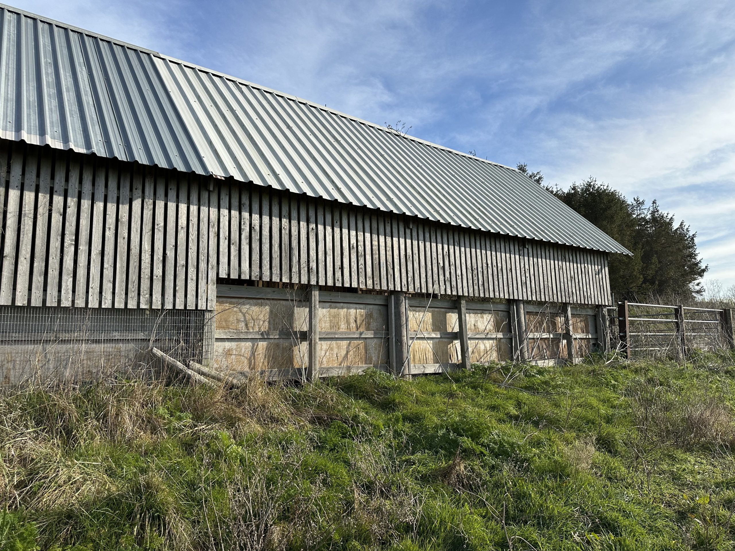 Andrews Farm barn: side elevation detail showing timber board cladding, concrete lower panels and farm fencing