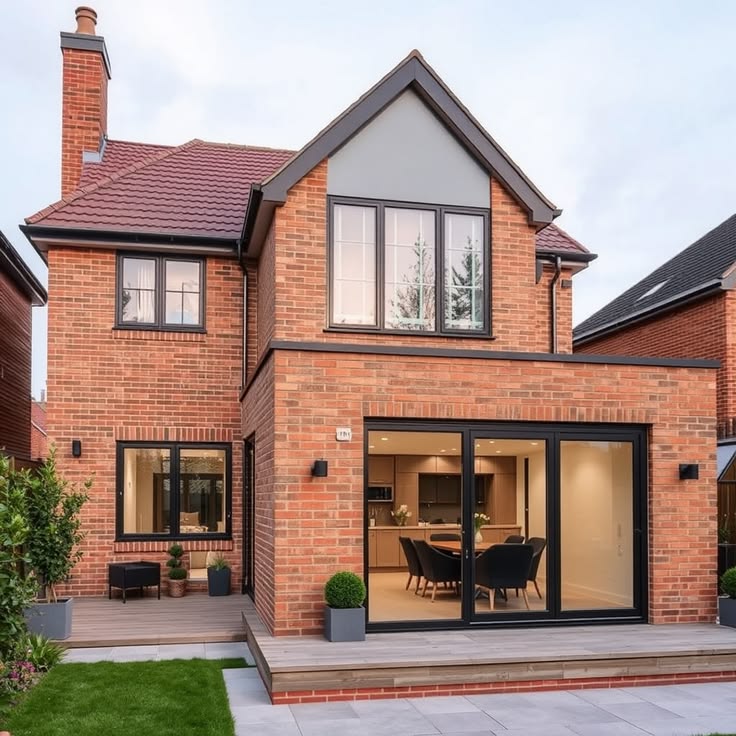 Two-storey rear extension in matching brick, gable over sliding doors. Wickford, Essex