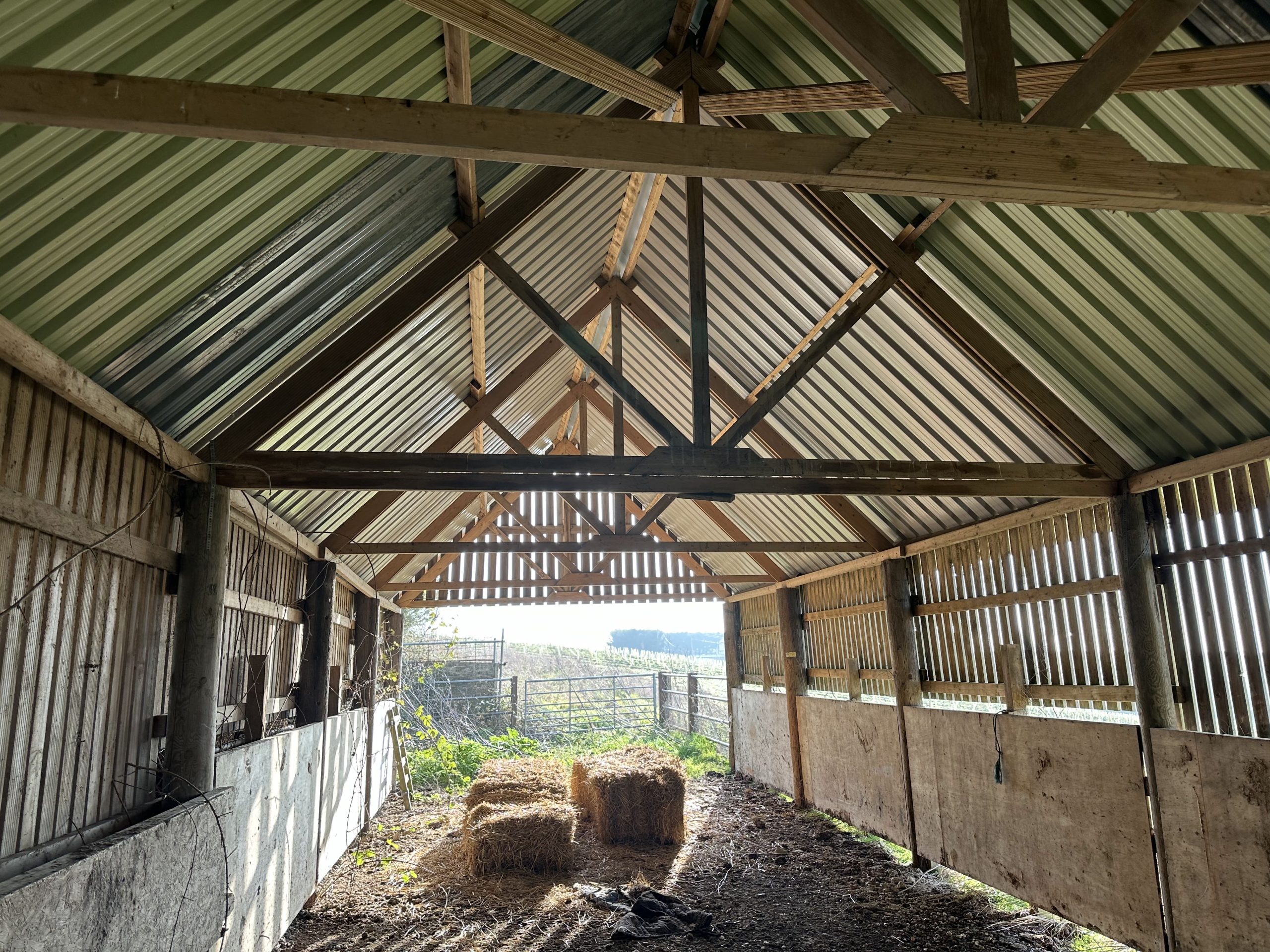 Andrews Farm barn interior: looking along the side wall, concrete kick board with open timber slat cladding above